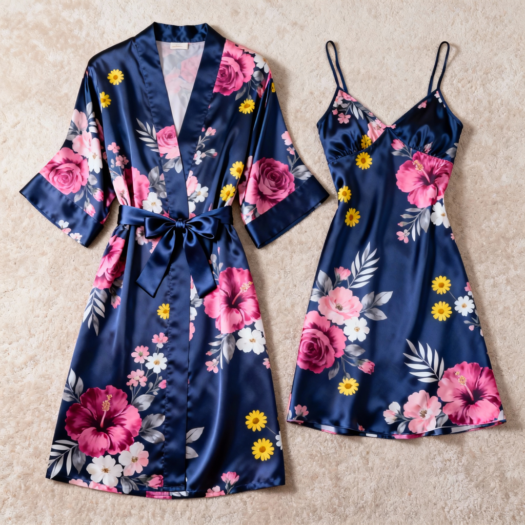 Flowy Floral Satin Robe & Slip Set - Women's Nightwear