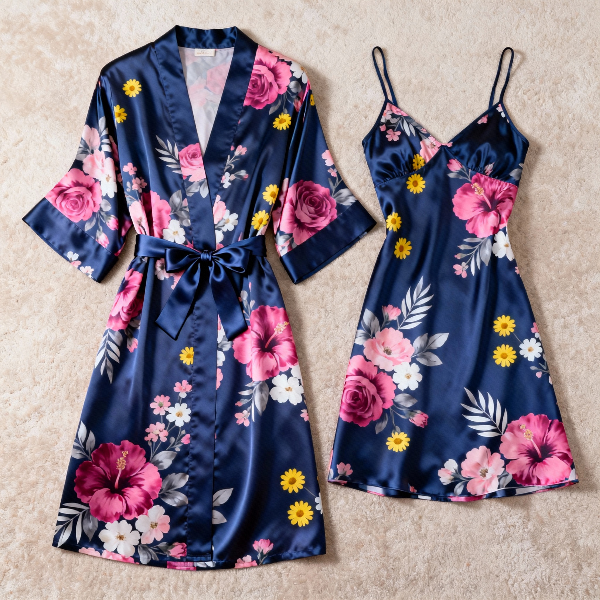 Flowy Floral Satin Robe & Slip Set - Women's Nightwear