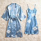 Light Blue Flowy Floral Satin Robe & Slip Set - Women's Nightwear
