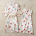 Silk-Like Satin Robe & Slip Set - Printed Sleep Loungewear