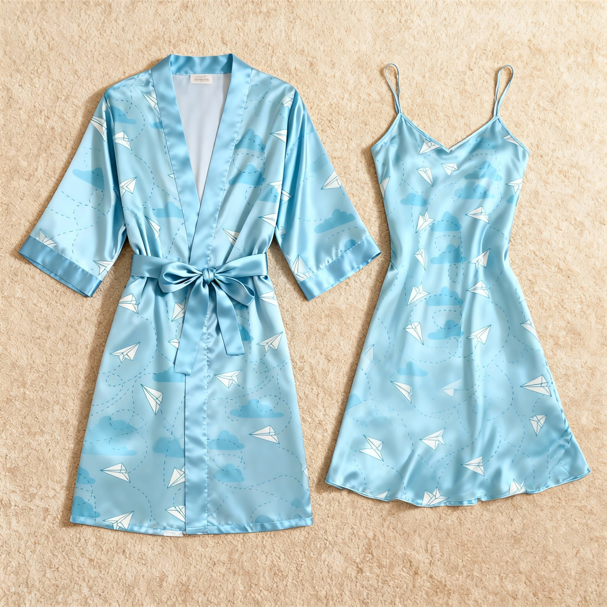 Silk-Like Satin Robe & Slip Set - Airplane Printed Loungewear