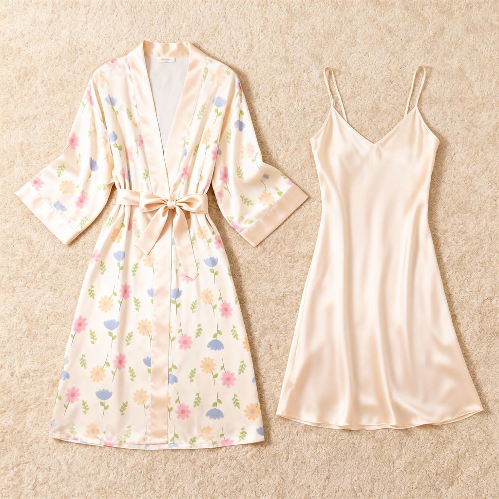 Botanical Dream Satin Lounge Set with Matching Gown