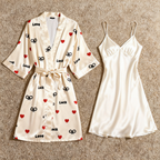 Heart Pattern Printed Silk-Feel Satin Robe & Nightgown Set