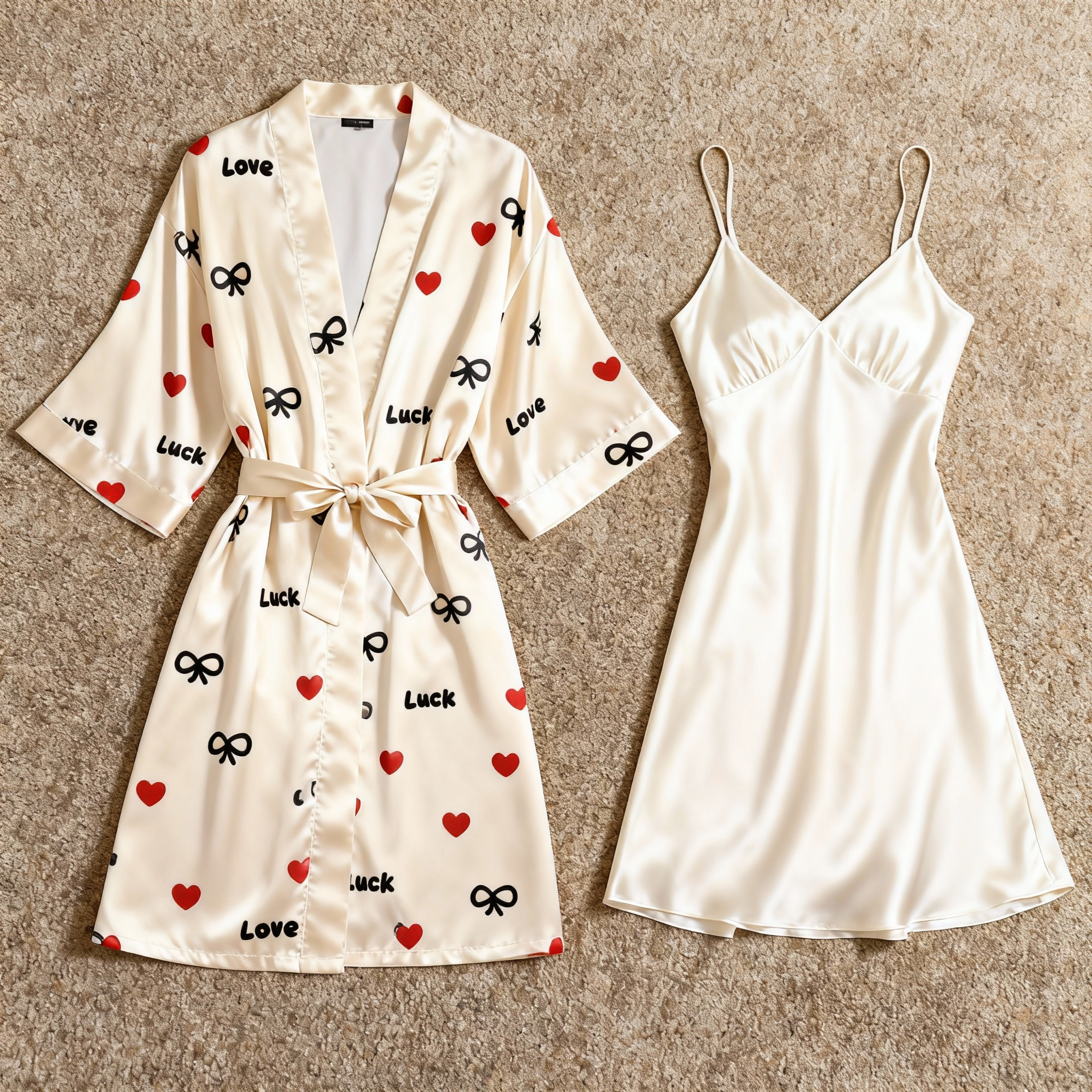 Heart Pattern Printed Silk-Feel Satin Robe & Nightgown Set