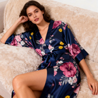Flowy Floral Satin Robe & Slip Set - Women's Nightwear
