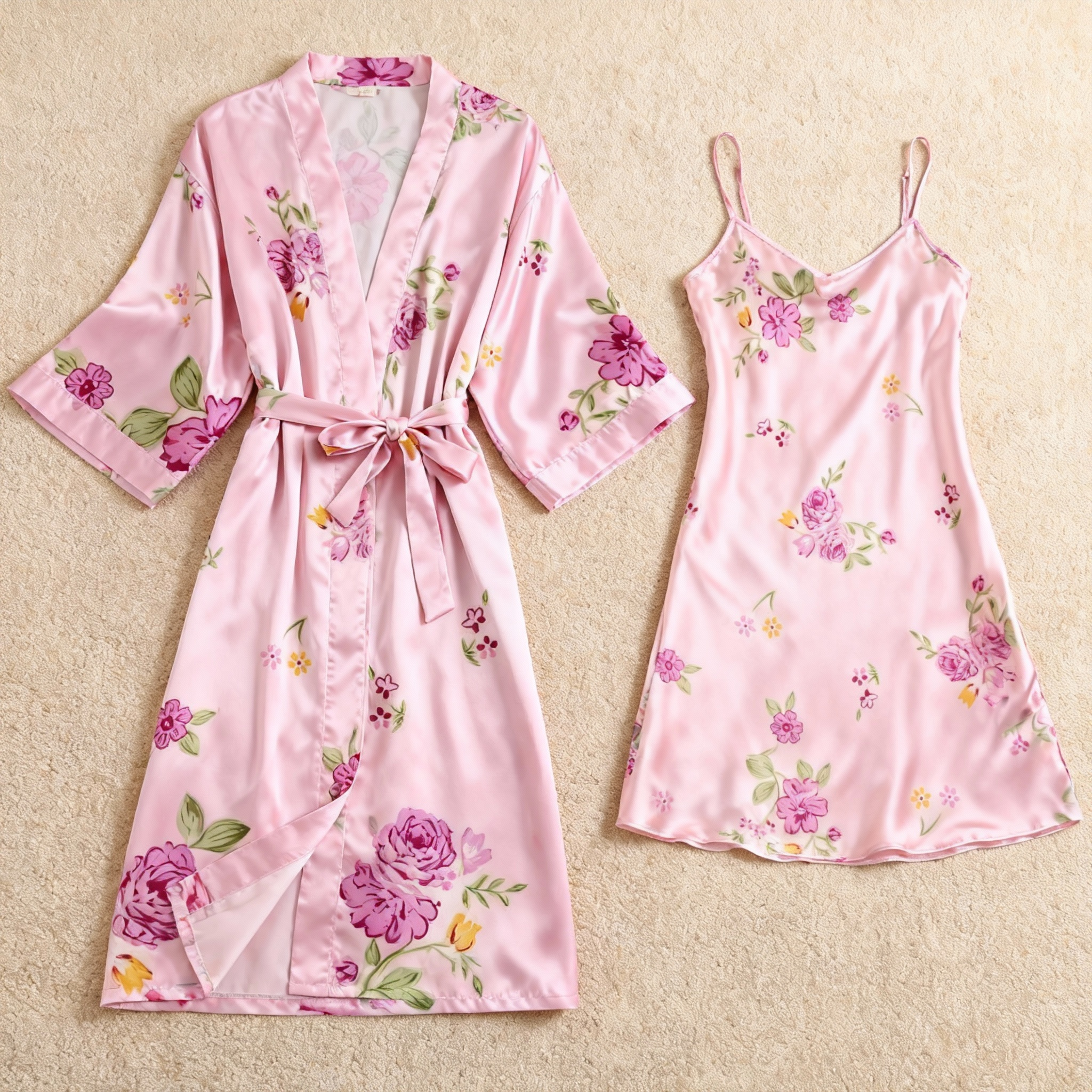 All-Over Floral Satin Robe & Slip Set