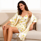 Satin Robe & Nightgown Set - Lemon Pattern Printed