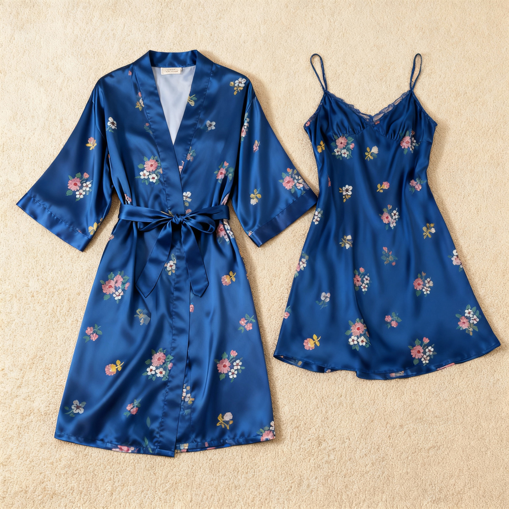 Luxury Floral Satin Robe with Matching Nightgown