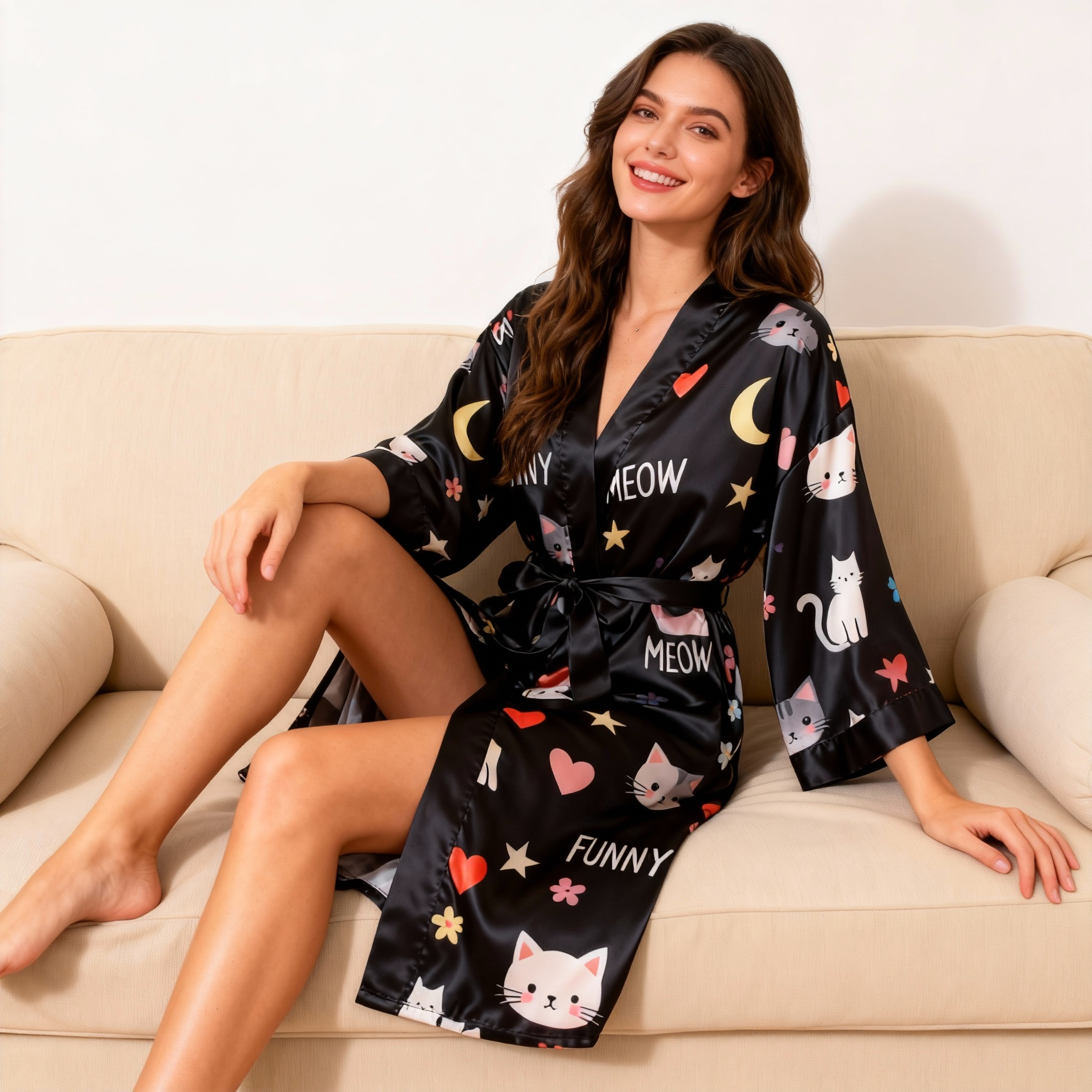 Elegant Satin Robe & Nightgown Set - Cute Cat Printed Pajamas