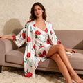 Delicate Floral Print Satin Robe & Slip Set - Women's Loungewear