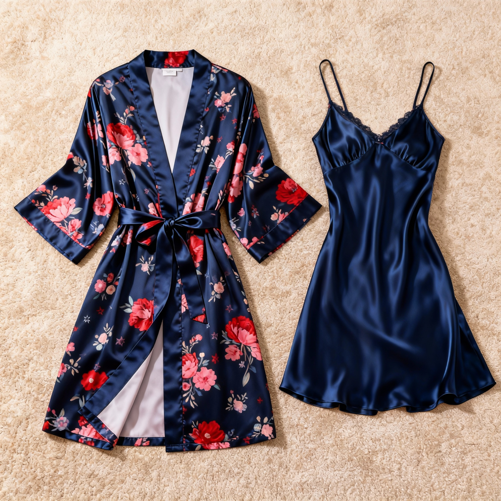 Flowing Floral Print Satin Lounge Robe Set