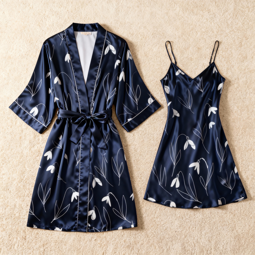 Elegant Satin Robe Set with Bloom Patterns
