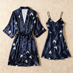 Elegant Satin Robe Set with Bloom Patterns