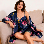 Flowy Floral Satin Robe & Slip Set - Women's Nightwear