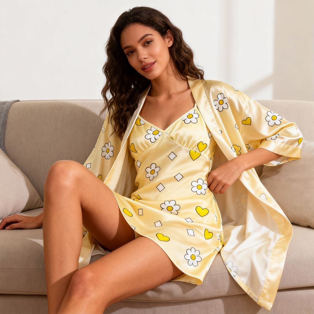 Summer Satin Robe & Nightgown Set - Breathable Sleepwear