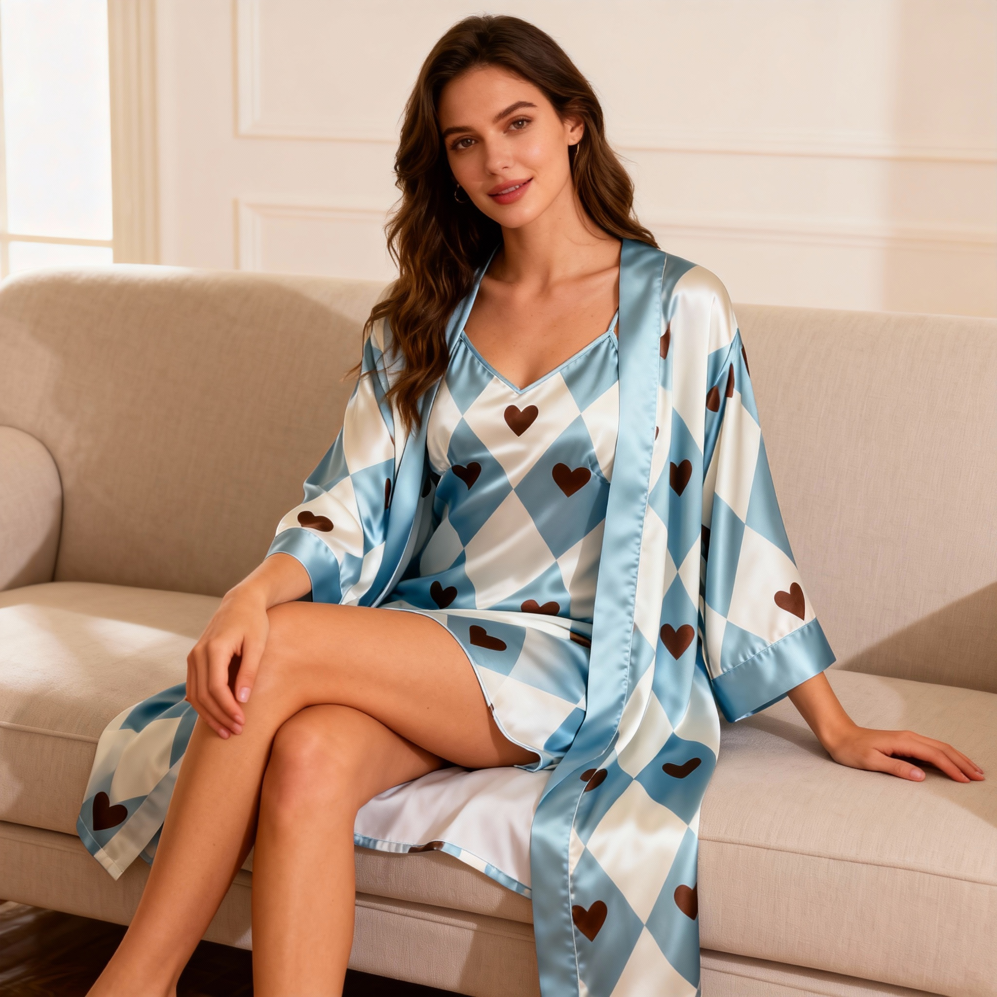 Soft Satin Robe & Nightgown Set - Heart Pattern Sleepwear