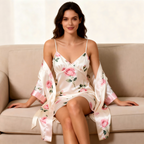 Floral Print Satin Robe & Slip Nightgown Set