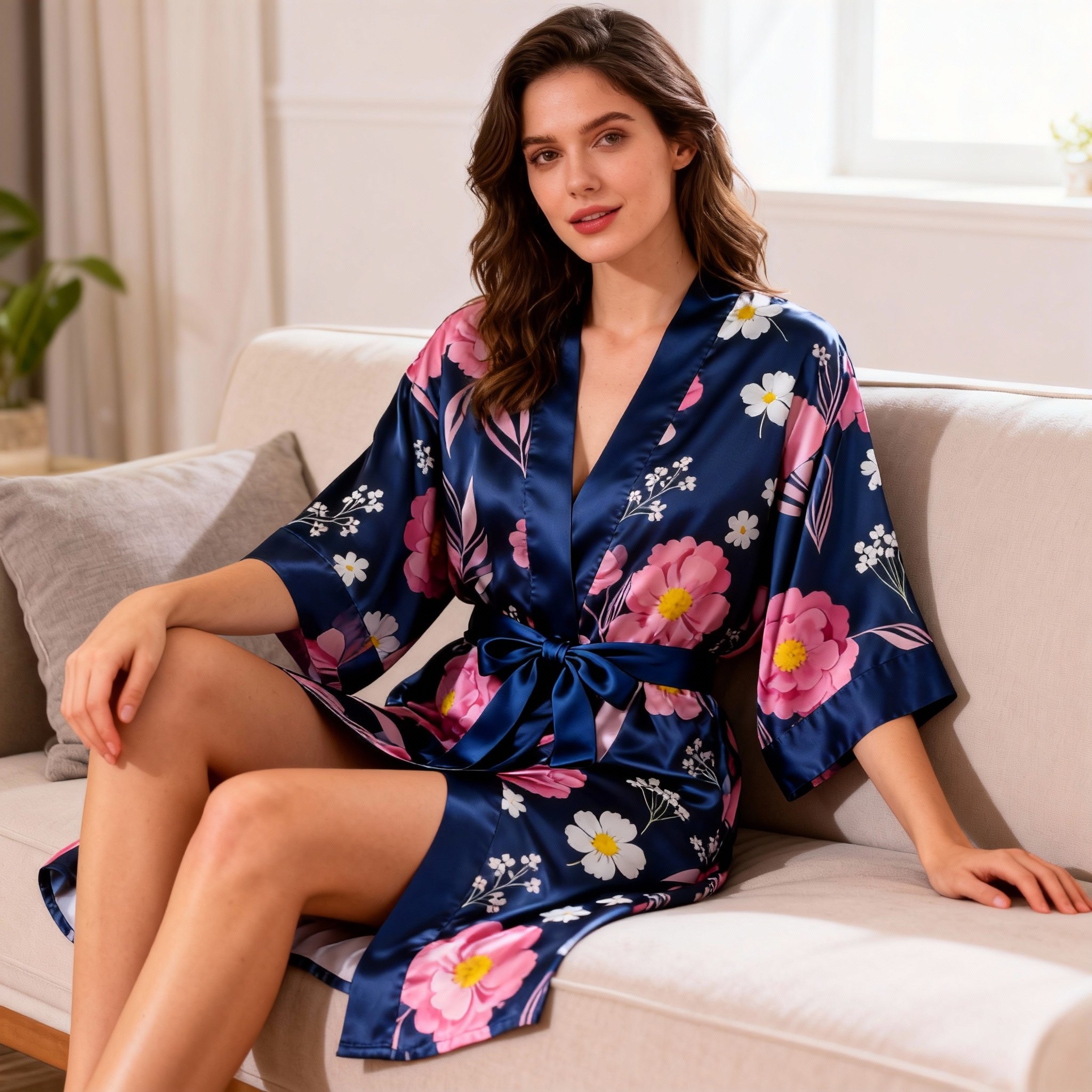 Lace Detail Satin Robe & Slip Set - Women's Nightwear