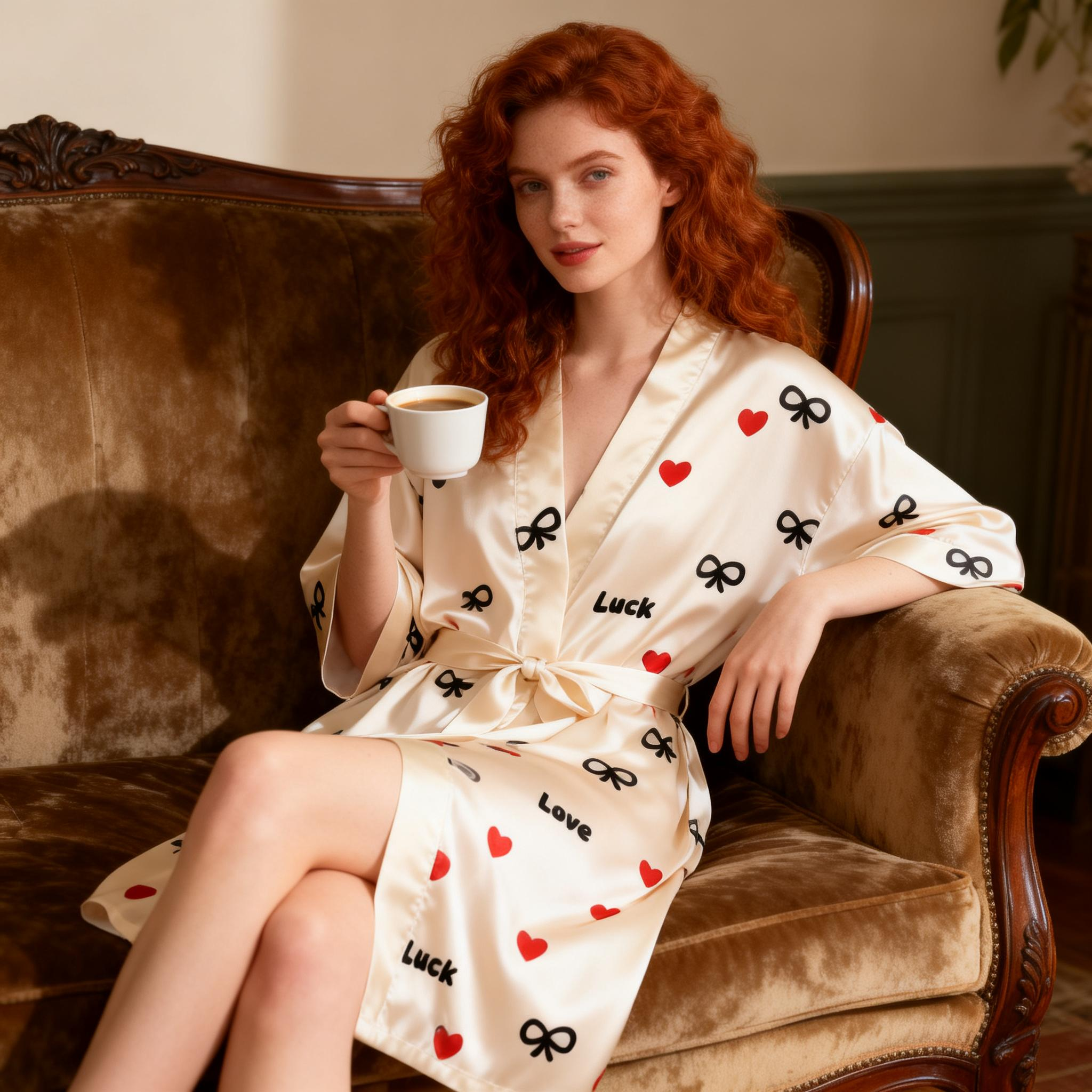 Heart Pattern Printed Silk-Feel Satin Robe & Nightgown Set