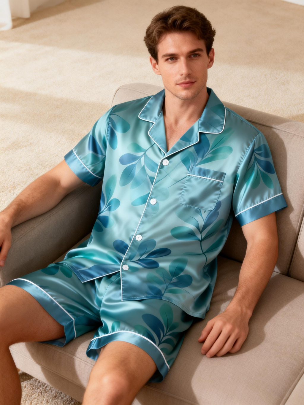 Men Classic Floral Satin Pajamas Short Set
