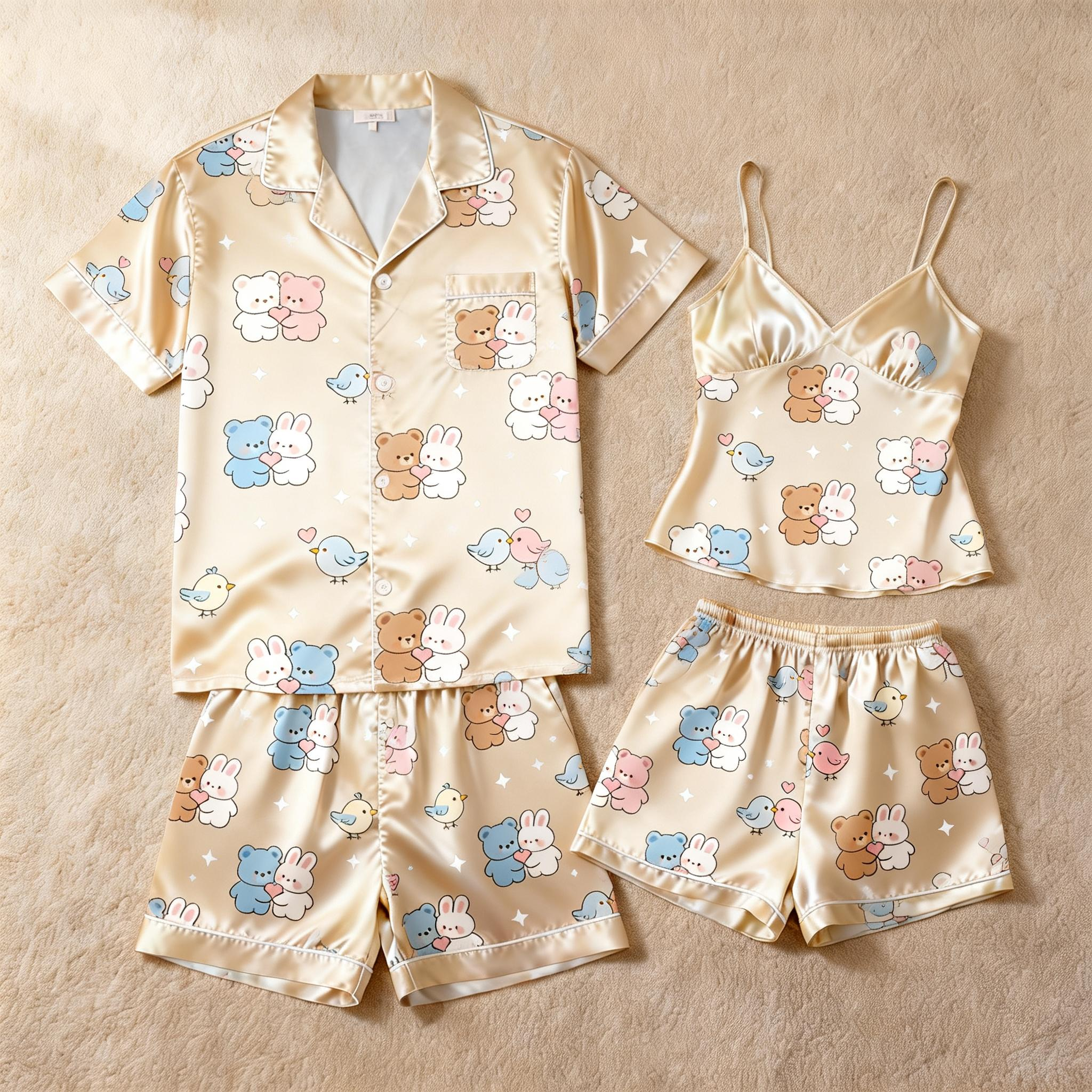 Premium Satin Fabric Couple Pajamas Short Set
