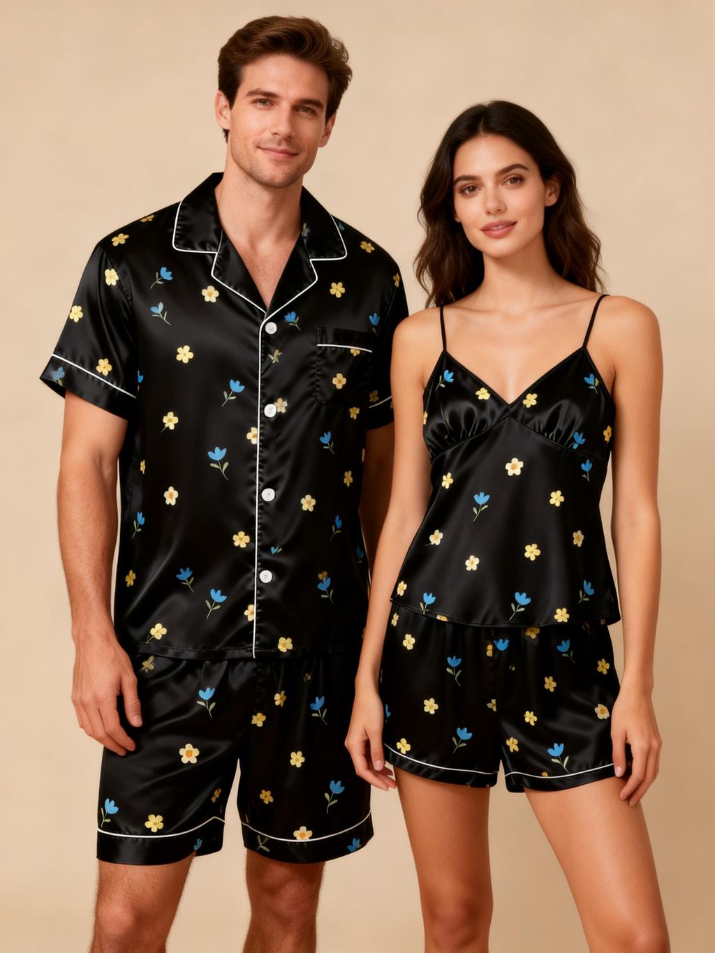 Silky Satin Couple Set ¨C Short Pajamas for Romantic Nights