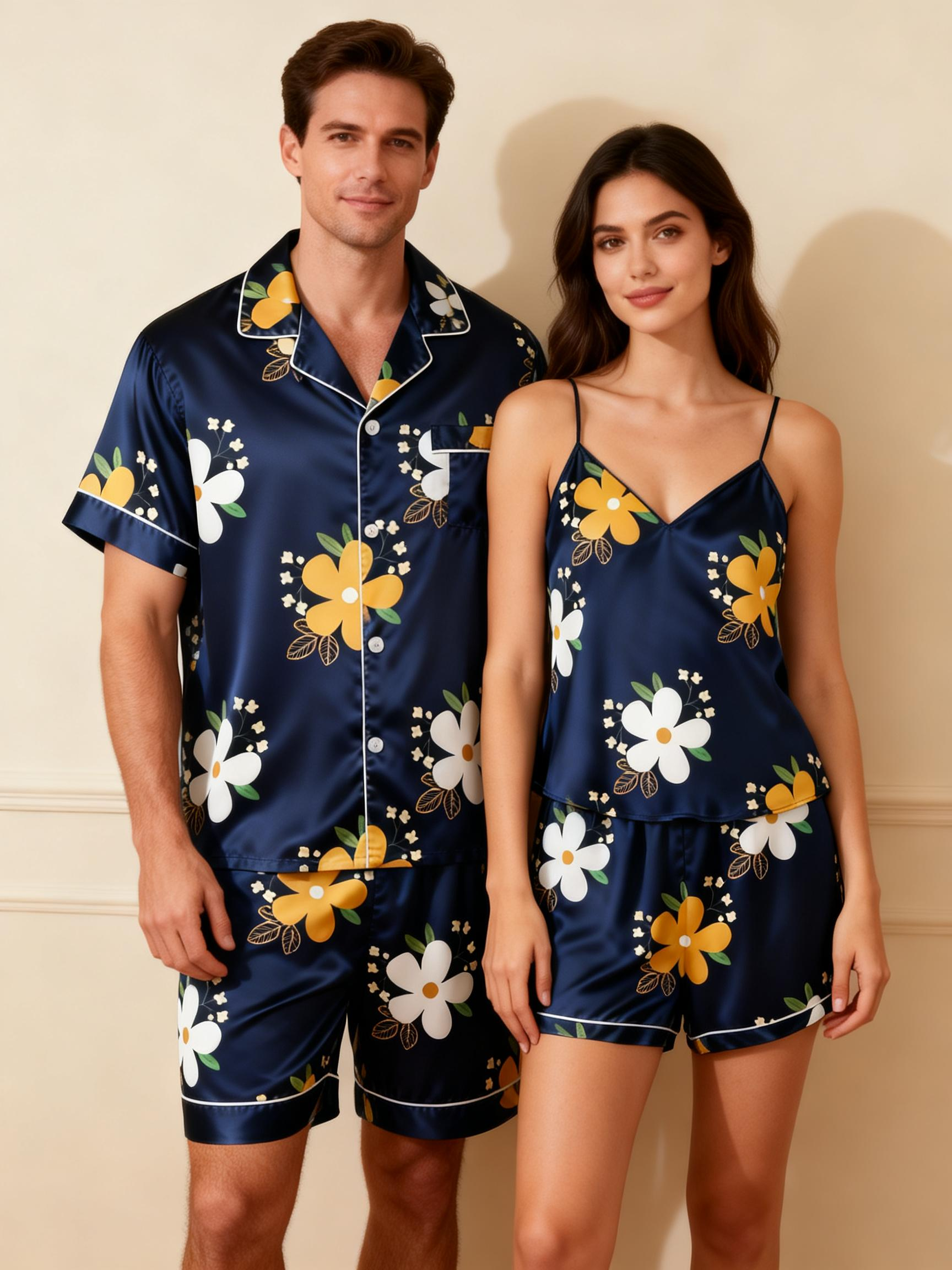 Silky Satin Pajamas for Him & Her ¨C Short Style Set