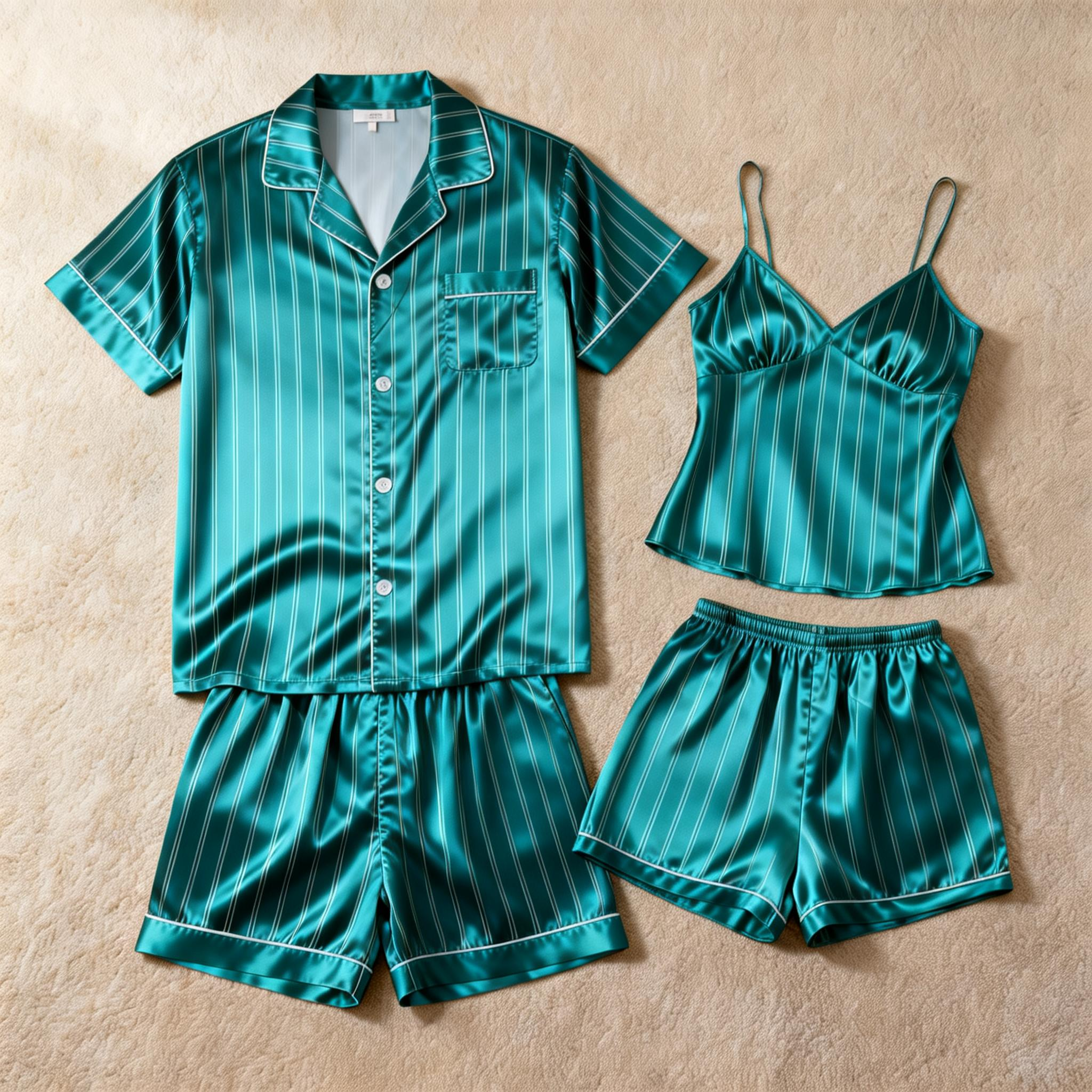 Silky Satin Striped Printed Sleep Set for Couples-Royal