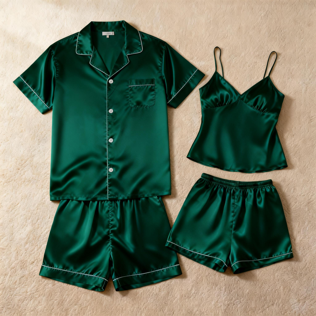 Silky Satin Solid Sleep Set for Couples-Dark Green