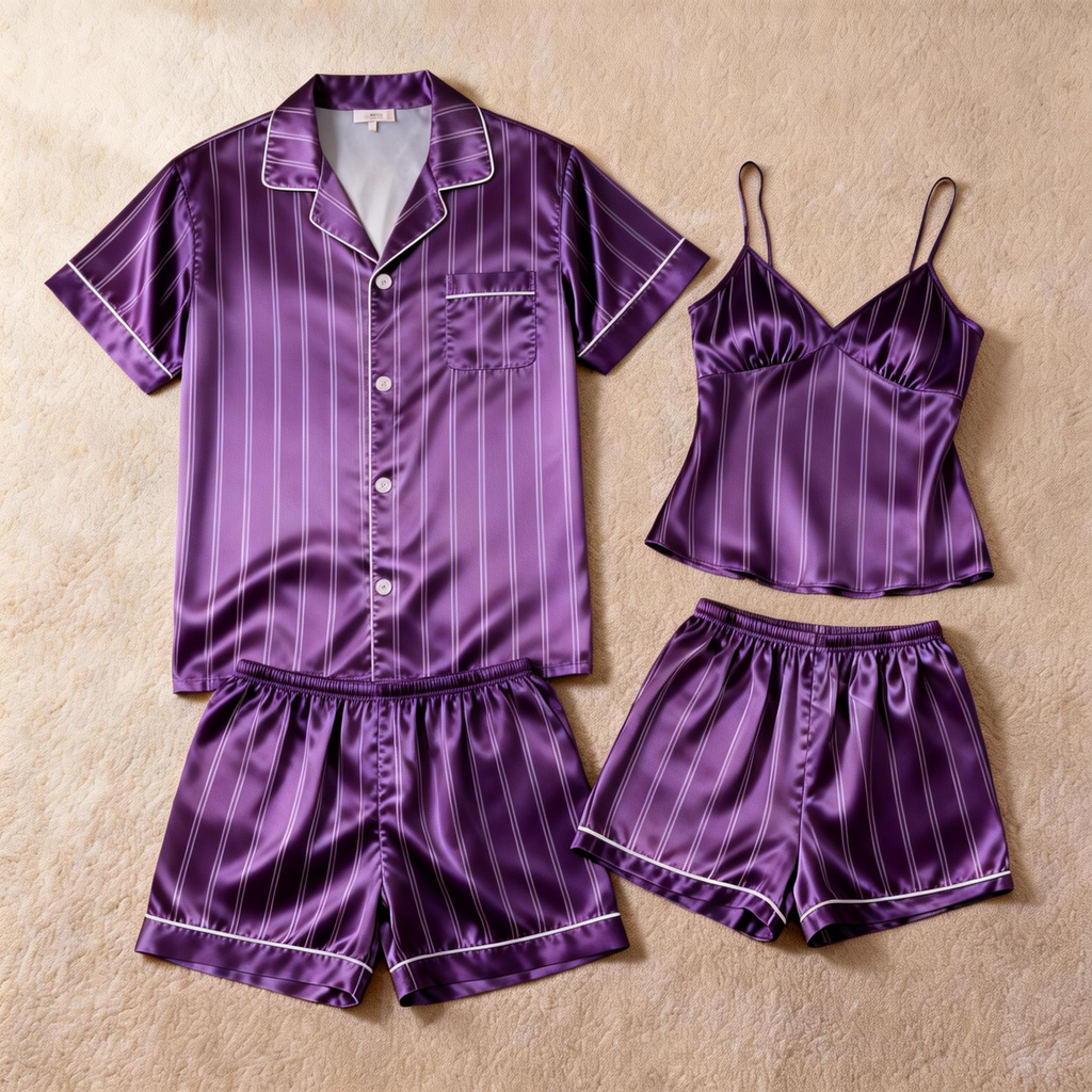 Silky Satin Striped Printed Sleep Set for Couples-Dark Green