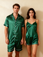 Silky Satin Striped Printed Sleep Set for Couples-Forest Green