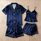 Silky Satin Striped Printed Sleep Set for Couples-Burgundy