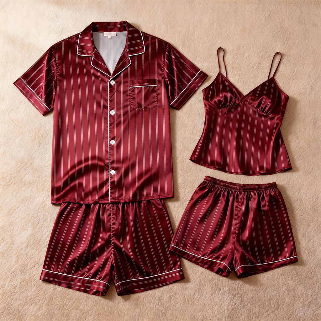 Silky Satin Striped Printed Sleep Set for Couples-Teal