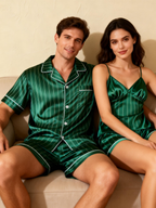 Silky Satin Striped Printed Sleep Set for Couples-Dark Green