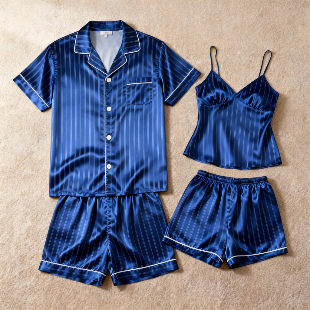 Silky Satin Striped Printed Sleep Set for Couples-Royal