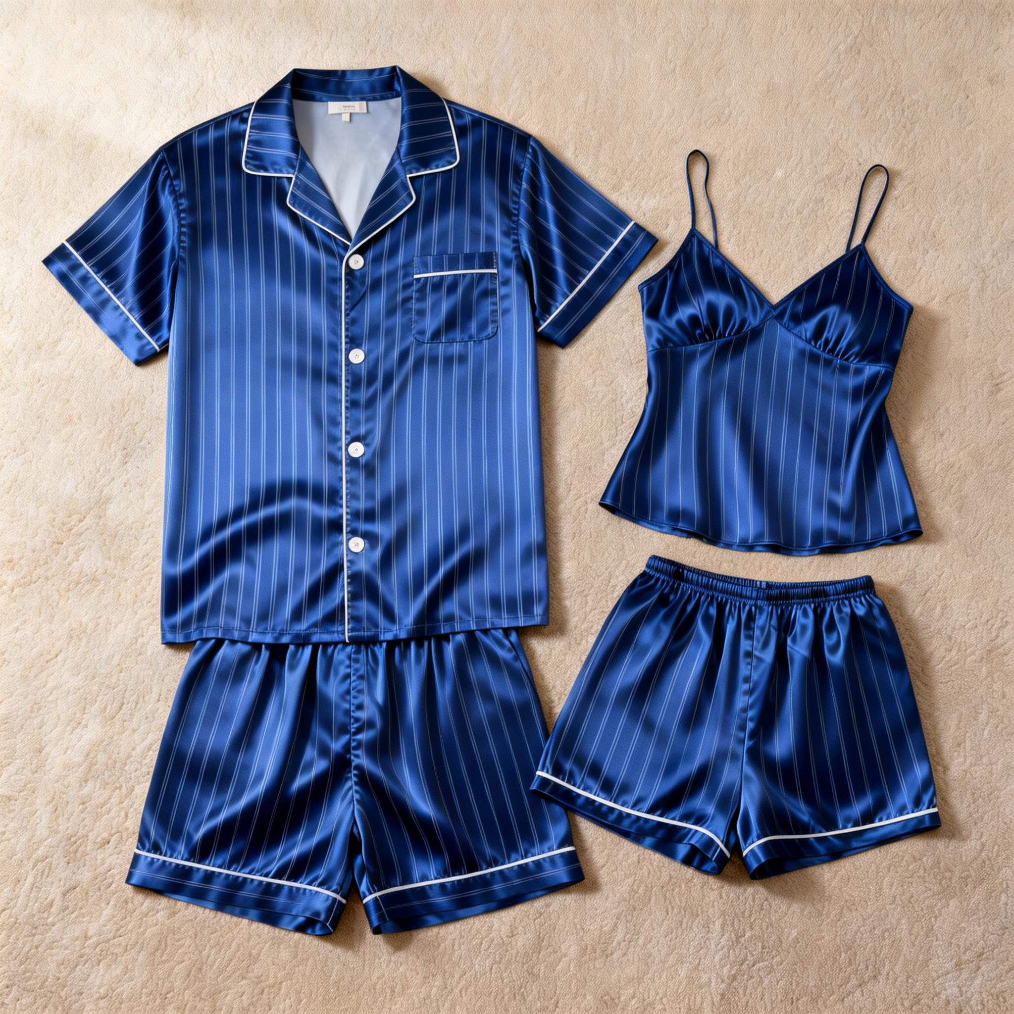 Silky Satin Striped Printed Sleep Set for Couples-Royal