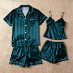 Silky Satin Striped Printed Sleep Set for Couples-Dark Green