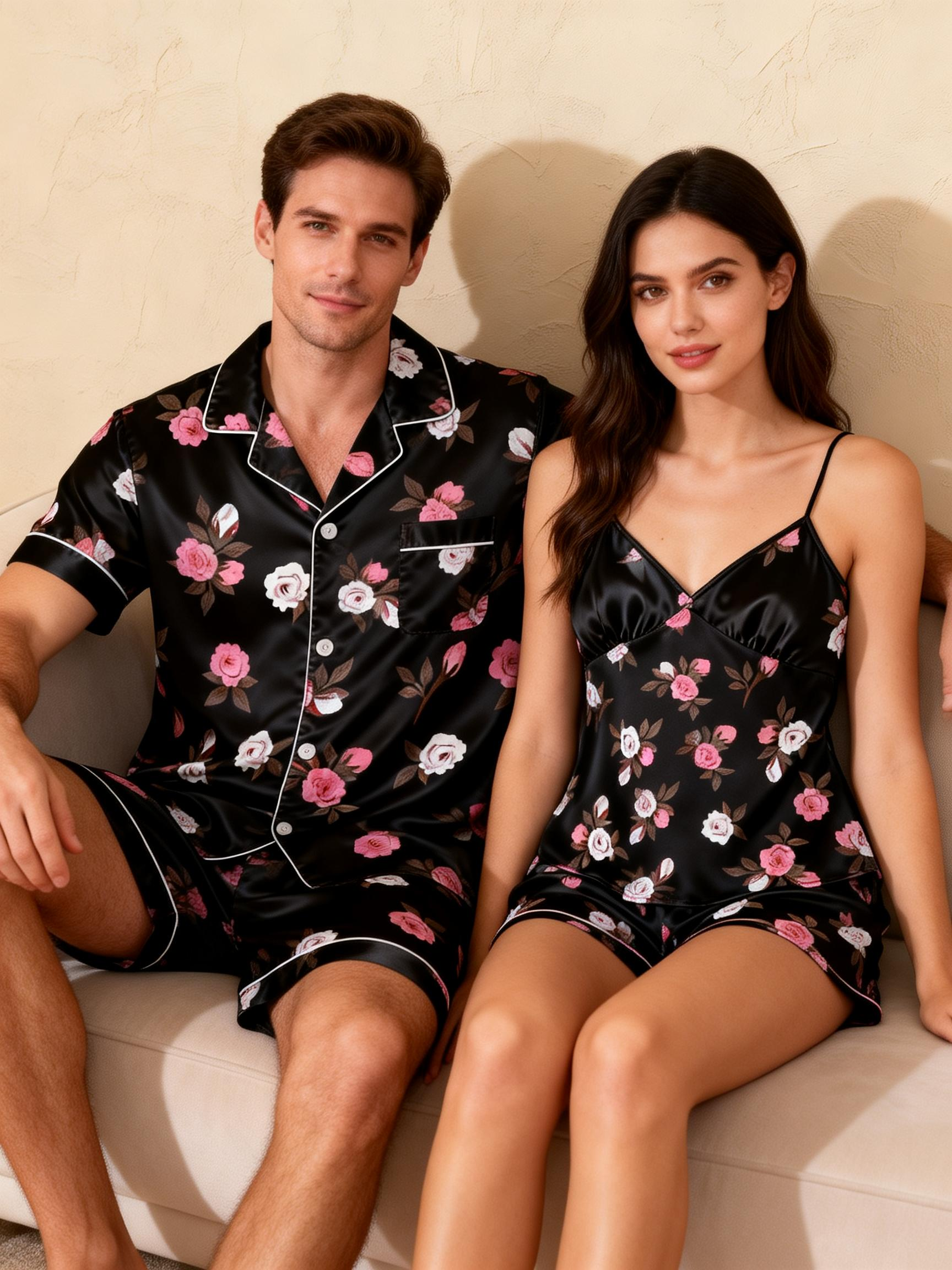 Matching Silky Sleep Set for Couples ¨C Satin Short Style