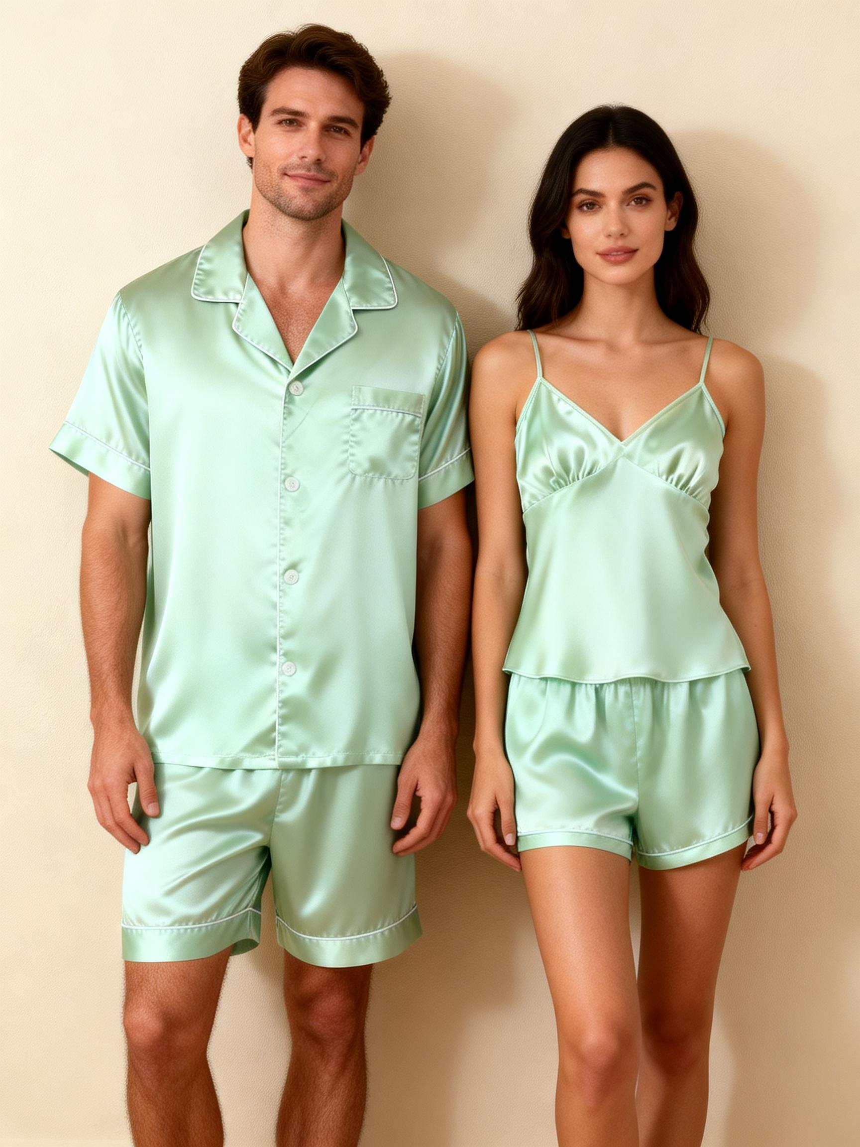 Silky Satin Solid Sleep Set for Couples-Light Green