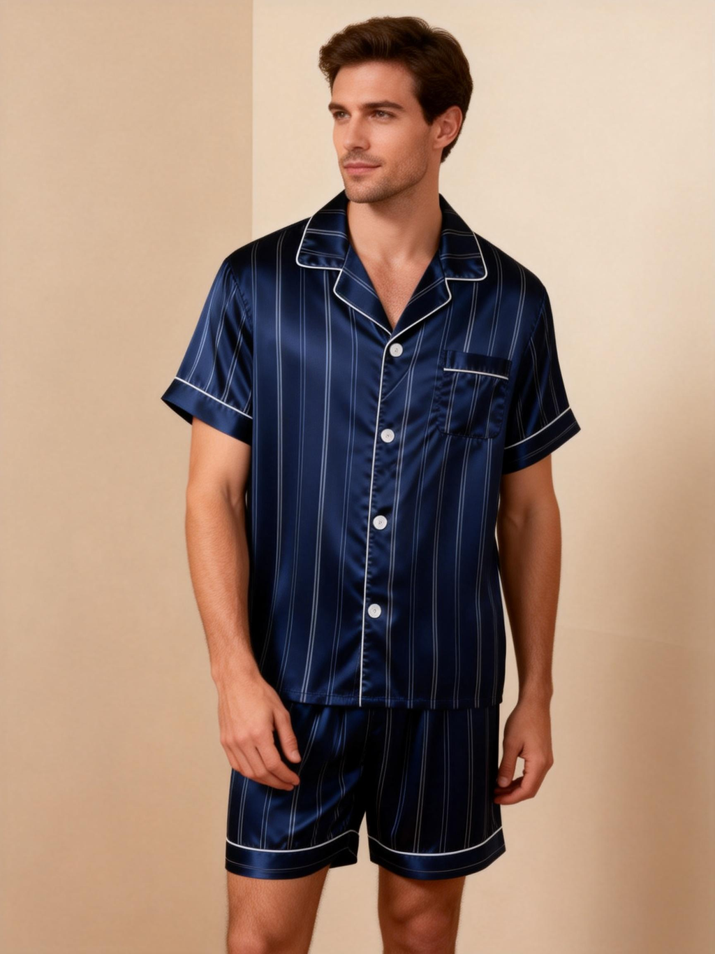 Silky Satin Striped Printed Sleep Set for Couples-Dark Green