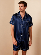 Silky Satin Striped Printed Sleep Set for Couples-Navy