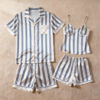 Silky Classic Striped Printed Couple Sleepwear ¨C Navy Satin Short Pajama Set
