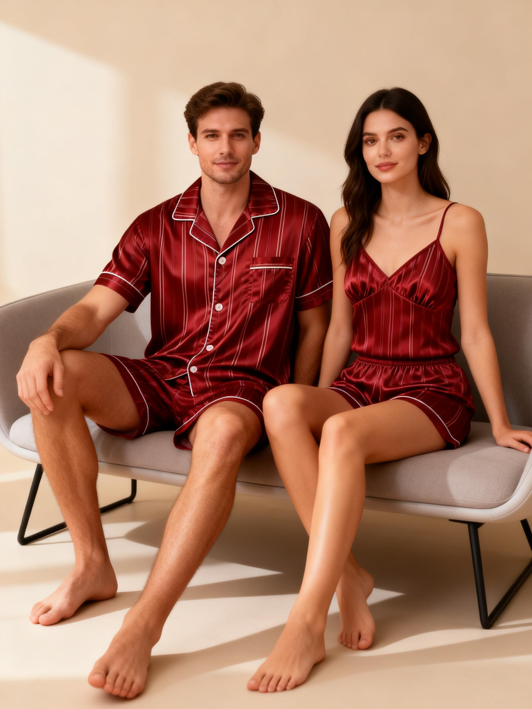 Silky Satin Striped Printed Sleep Set for Couples-Dark Green