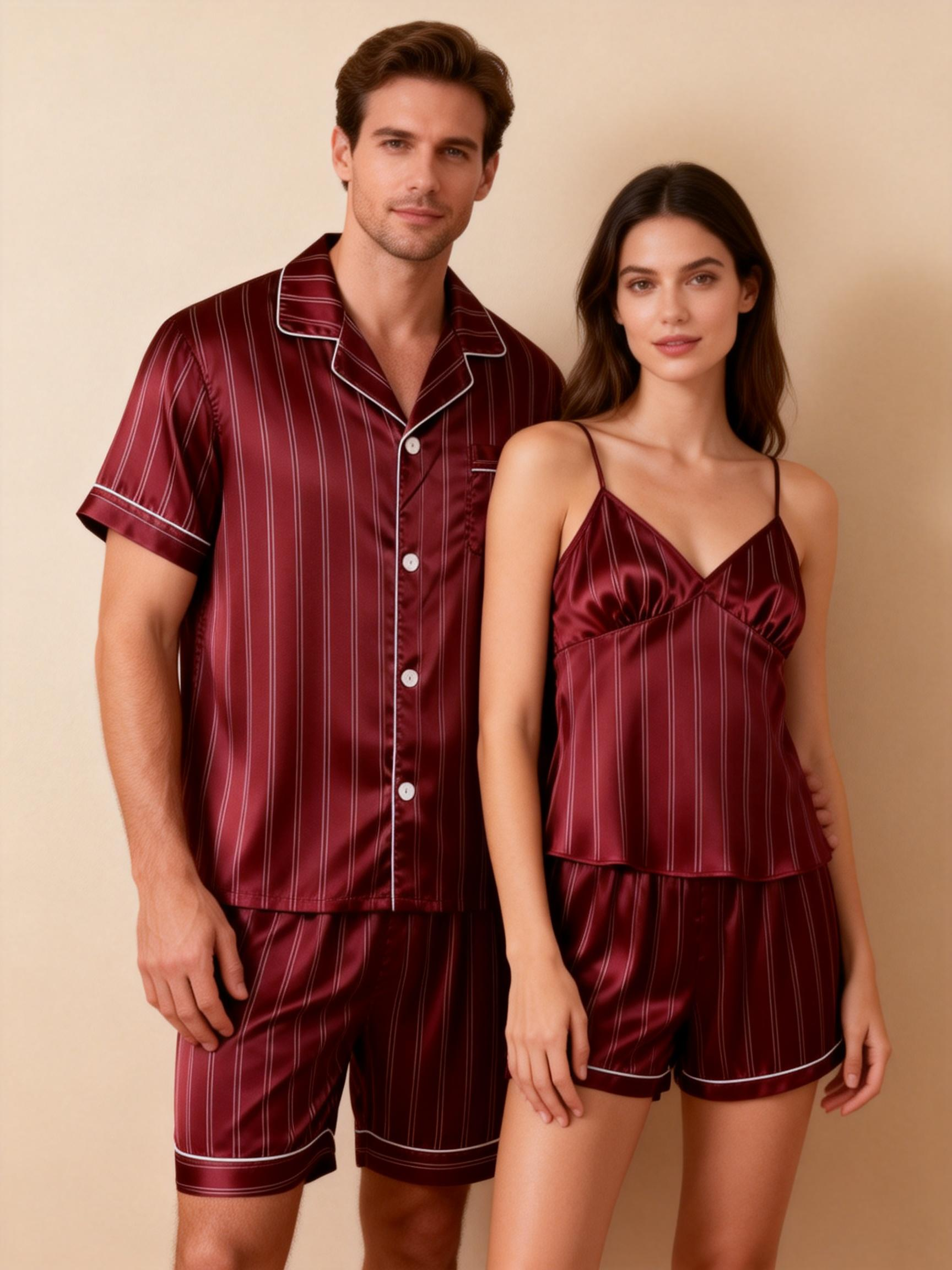 Silky Satin Striped Printed Sleep Set for Couples-Brown