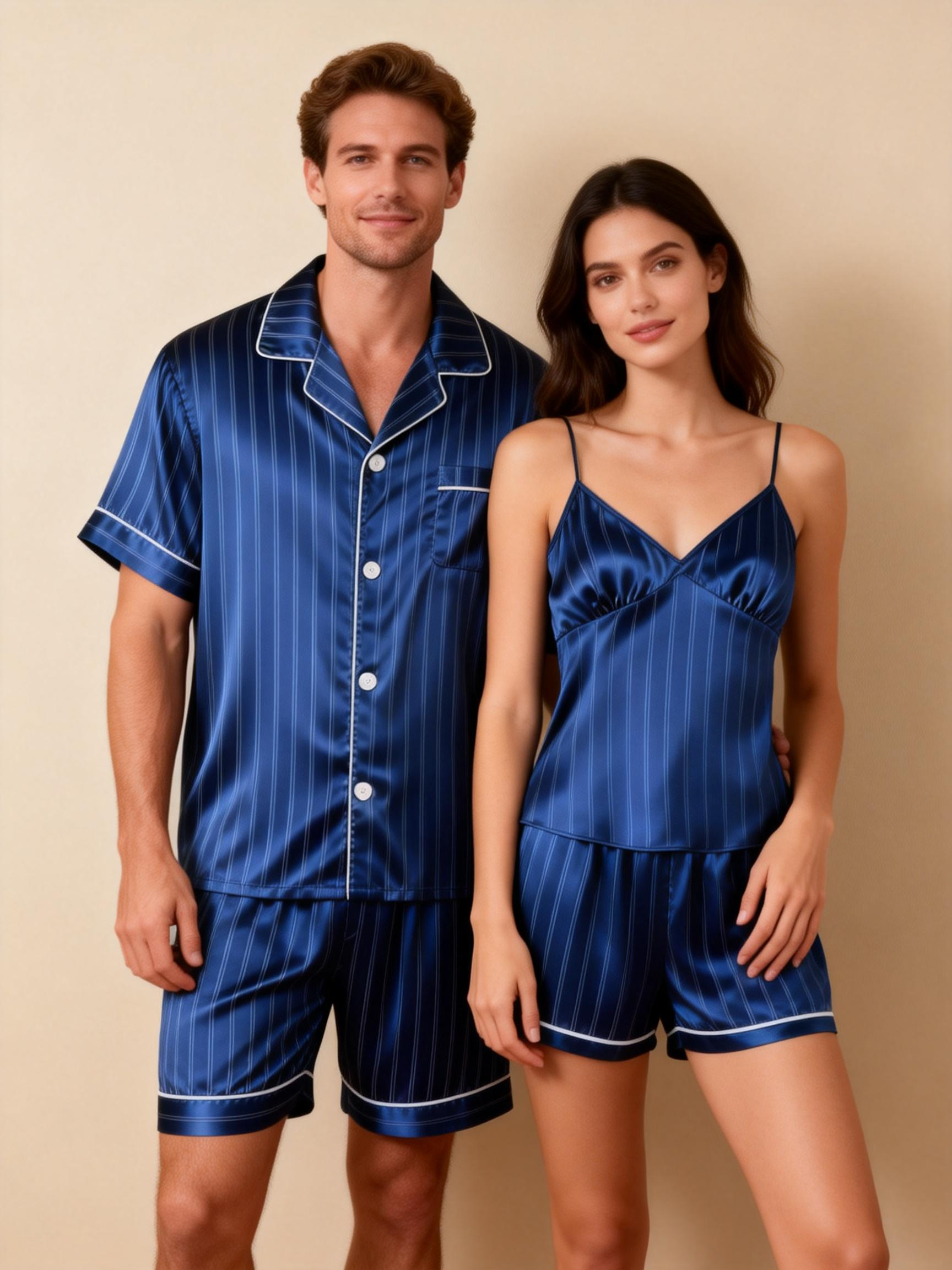 Silky Satin Striped Printed Sleep Set for Couples-Brown