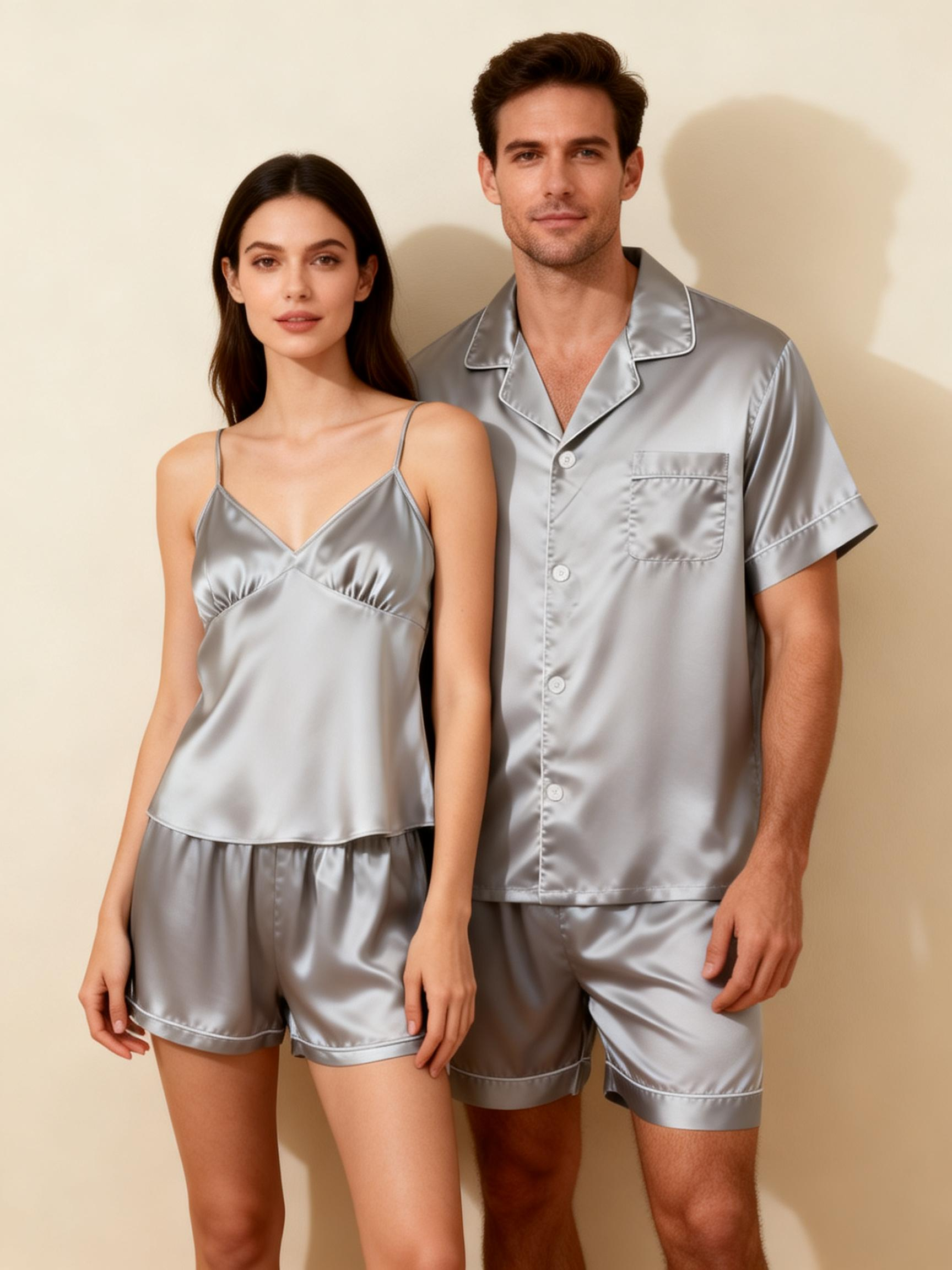 Silky Satin Solid Sleep Set for Couples-Gray
