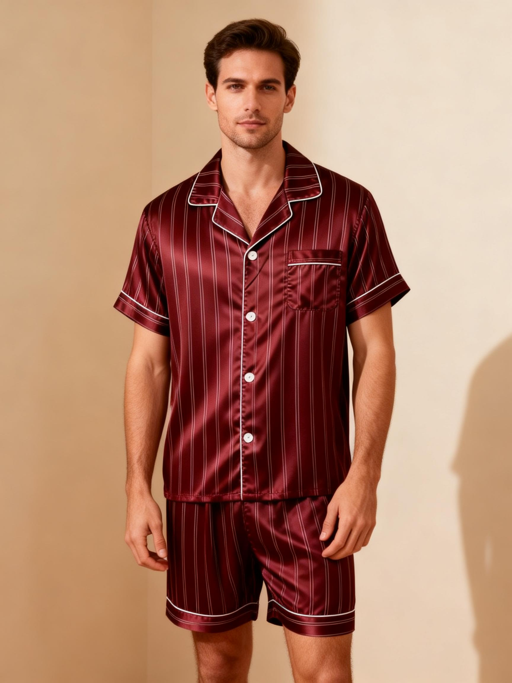 Silky Satin Striped Printed Sleep Set for Couples-Burgundy
