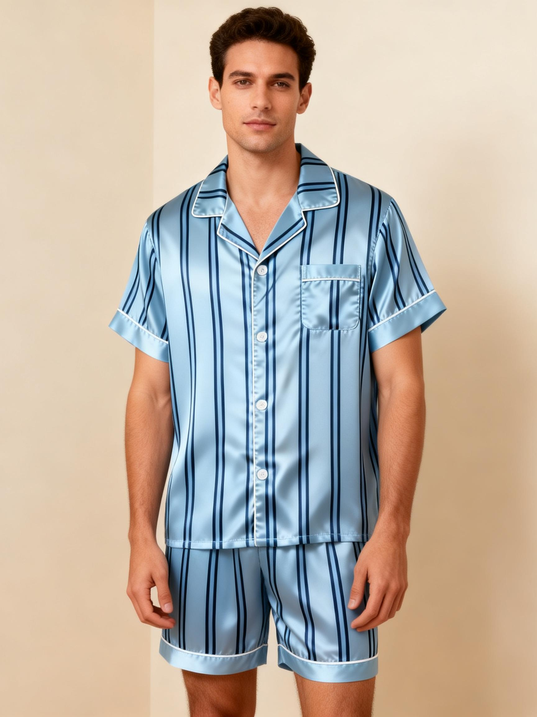 Silky Classic Striped Printed Satin Short Pajama Set-Beige