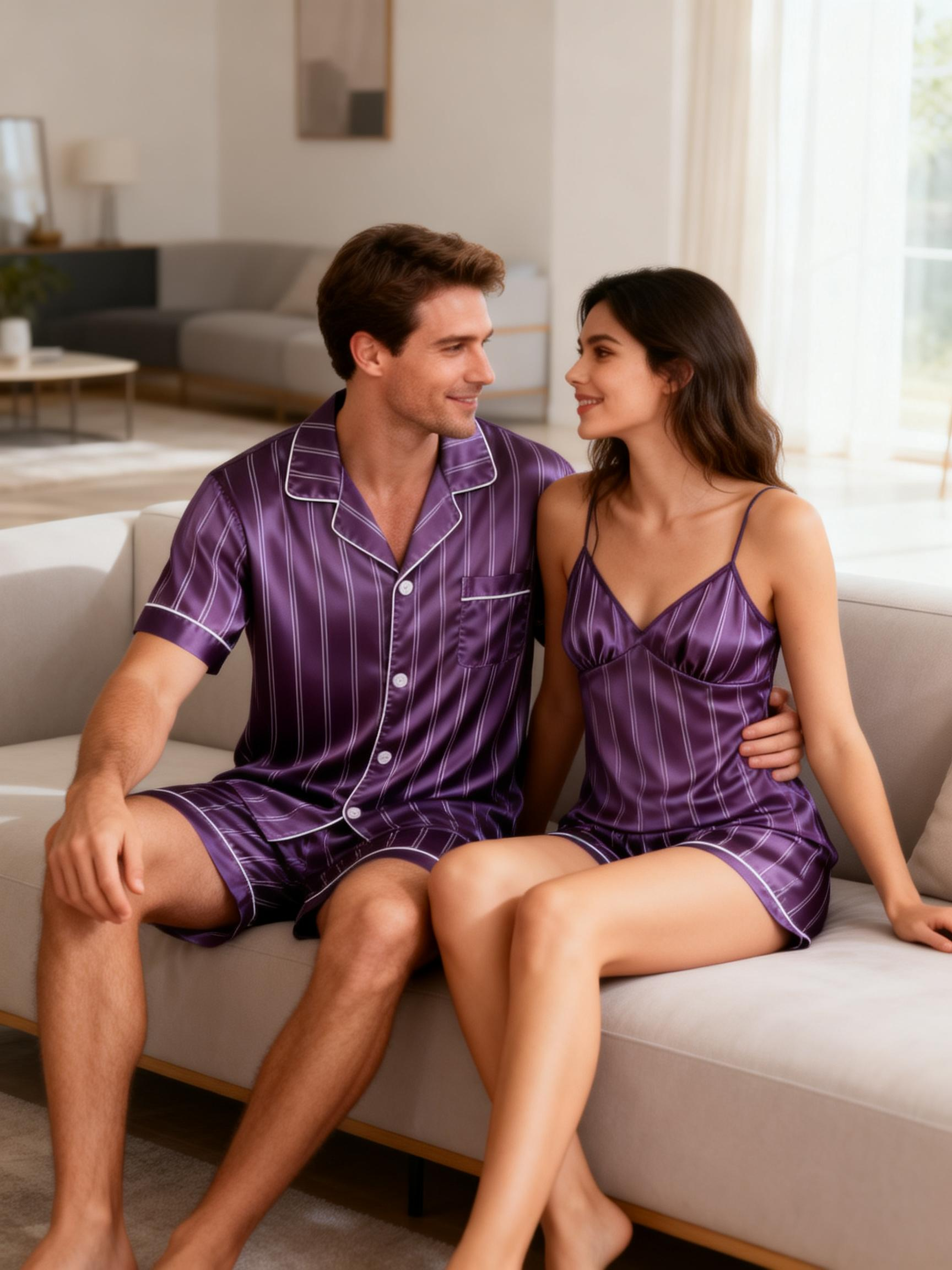 Silky Satin Striped Printed Sleep Set for Couples-Forest Green