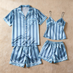 Silky Classic Striped Printed Couple Sleepwear ¨C Navy Satin Short Pajama Set
